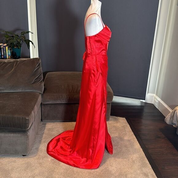 Red Satin Full Length Prom Party Formal Dress CrissCross Straps Leg Slit Size 8 - Picture 4 of 14